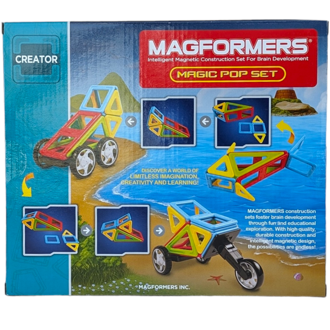 Magformers, Magic Pop Set - 25 Pieces, STEM & Critical Thinking, Magformers makes it fun! Create 36 different ideas with the new Magic Pop Set from Magformers. Each geometric shape contains magnets that never reject, so you will always hear the Magformers click. When playtime is over, use the magnetic power to simply stack and store. Your child can follow the step-by-step instructions to build animals using 6 vivid colors.