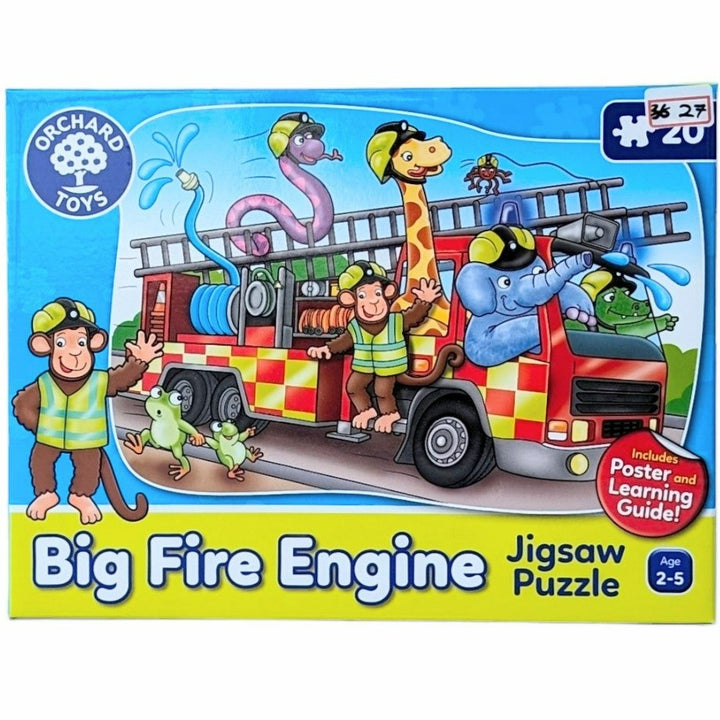 Orchard Toys, Big Fire Engine - 20 Piece Puzzle, Cognitive & Motor Skills Development, Join the jolly animals on board the Big Fire Engine as you complete this fun, 20-piece jigsaw! 

This 20-piece fire engine scene features a fun and quirky firefighting crew, with lots to see and talkabout! Includes a bright and colourful poster of the jigsaw plus, a learning guide to promote discussion such as finding the green hose, counting the helmets and asking why do we need fire engines? 