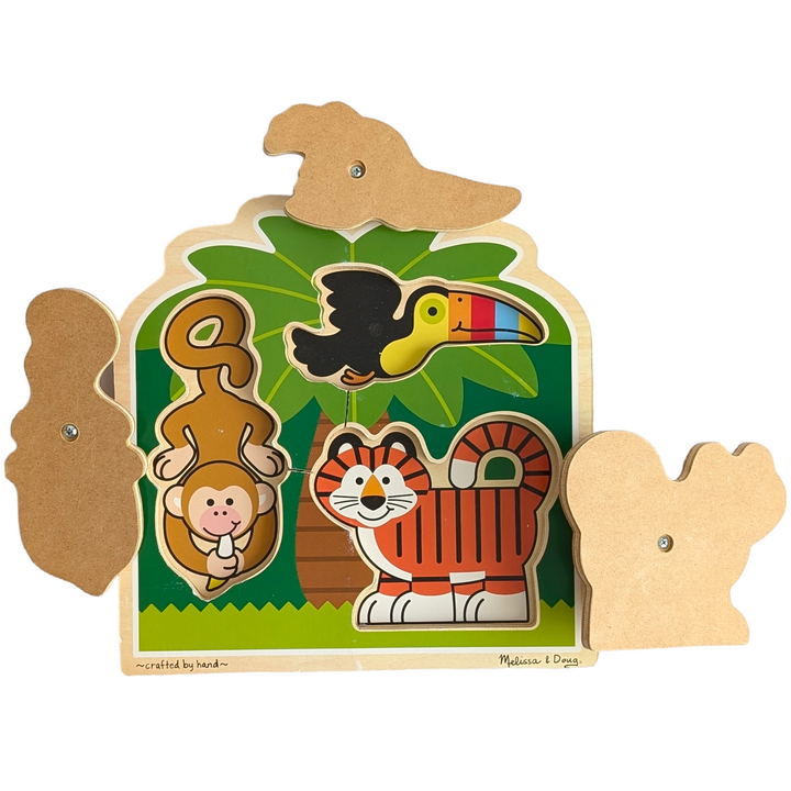 Melissa & Doug, Rainforest Friends Jumbo Knob Wooden Puzzle, Cognitive & Motor Skills Development , Three animals, a giraffe, an elephant, and a lion, stand ready to play against an abundance of greenery. Three pieces make up this extra thick wooden puzzle, which has large wooden knobs for comfortable grasping. Matching, full-color images are displayed beneath every component. Improve your fine motor, visual perception, and eye-hand coordination.