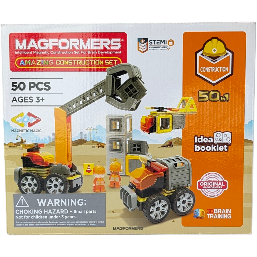 Magformers, Amazing Construction Set, STEM & Critical Thinking, Click And Create Your Own Adventure With Magformers AMAZING Construction 50Pc Set! Magformers Are A Magnetic Construction Toy Where The Possibilities Are Endless. Click, Connect, Create Your Favorite Construction Vehicles. Attach The New Propeller Siren, Container Grabber And Wheels And See Where Your Imagination Can Take You!