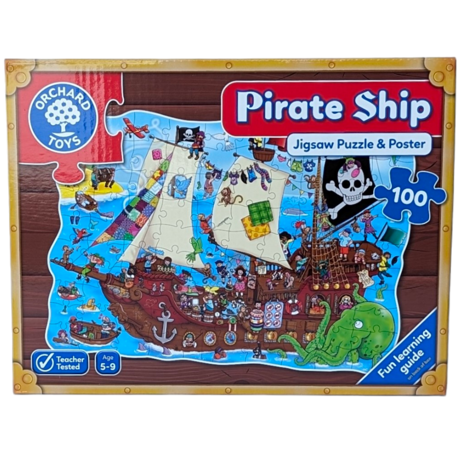 Orchard Toys, Pirate Ship - Puzzle and Poster, Cognitive & Motor Skills Development, Ship ahoy! There's lots to talk and laugh about in this large, detailed pirate ship jigsaw, including pirates hanging their pants out to dry and floating in rubber rings!

Pirate Ship includes a fun learning guide on the back of the box, which features different discussion points to talk about once the puzzle has been completed. This includes questions to encourage observation, develop counting & promote imaginative play