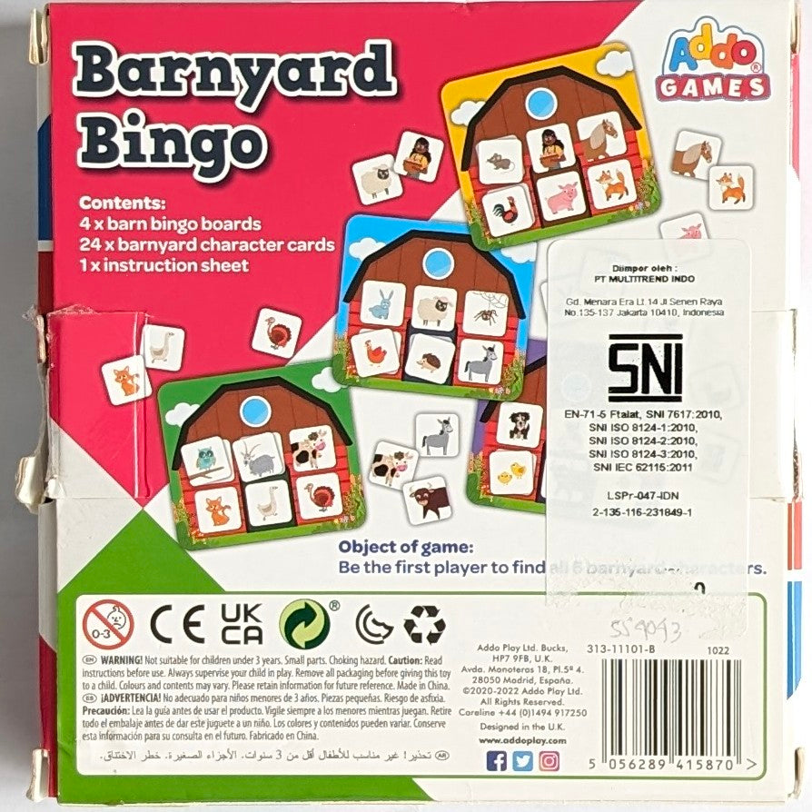 Addo Games, Barnyard Bingo, STEM & Critical Thinking, Simply stock your barn with every animal found in Addo Games' Barnyard Bingo card collection.This colorful and portable card game set is perfect for fun on the go and will keep kids occupied. Choose your barn bingo board first. Next, in turn, each layer will search for a card that corresponds with one of their barnyard animals. Are you in need of a duck, chicken, or rabbit? You will have to wait till the following try if you choose the incorrect card. Ma