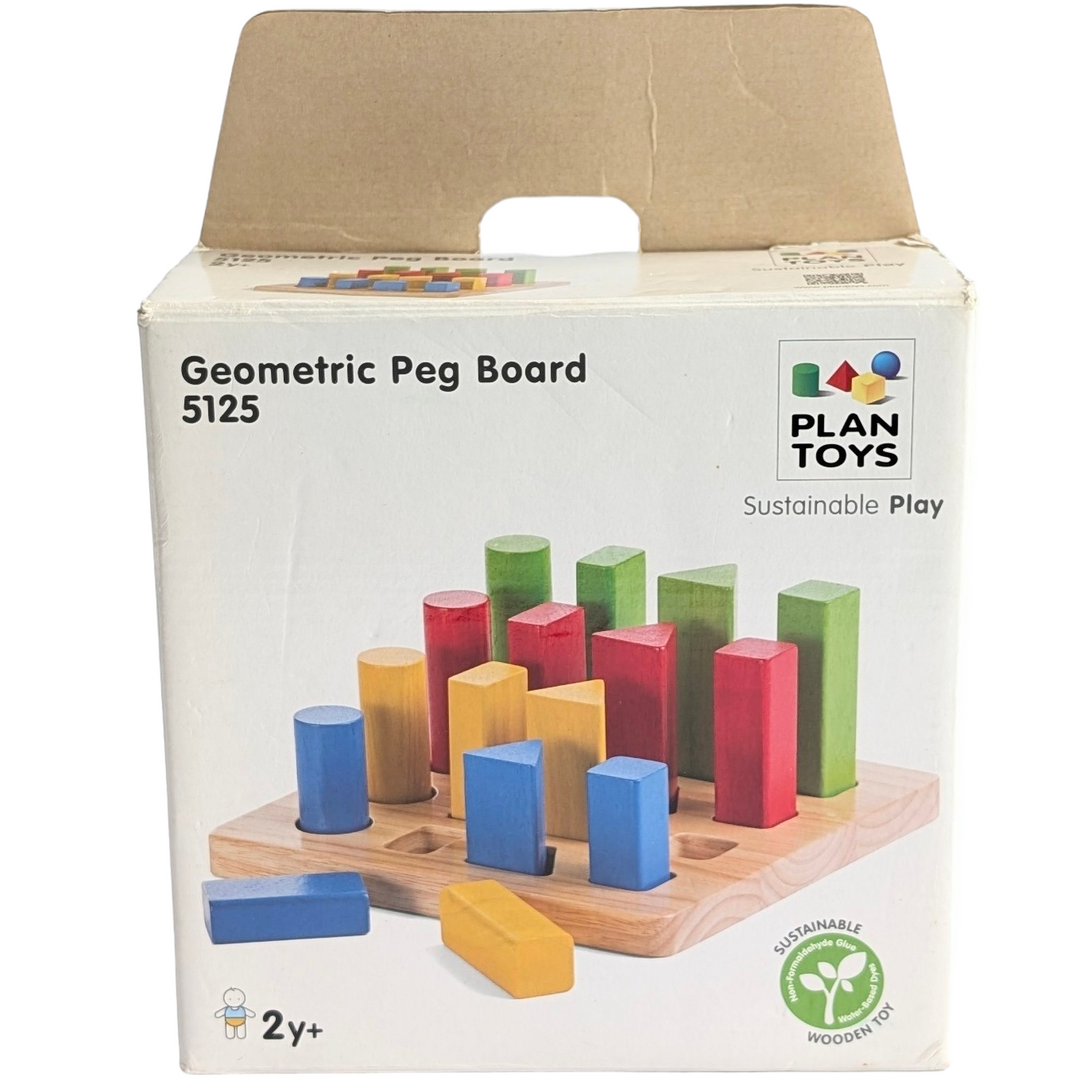 PlanToys, Geometric Peg Board, Cognitive & Motor Skills Development, 16 interlocking geometric pegs in different colors and shapes Develops motor skills and thinking skills through development, sorting, grouping, and more. We recycle natural rubber wood waste and use non-toxic, water-soluble paint.