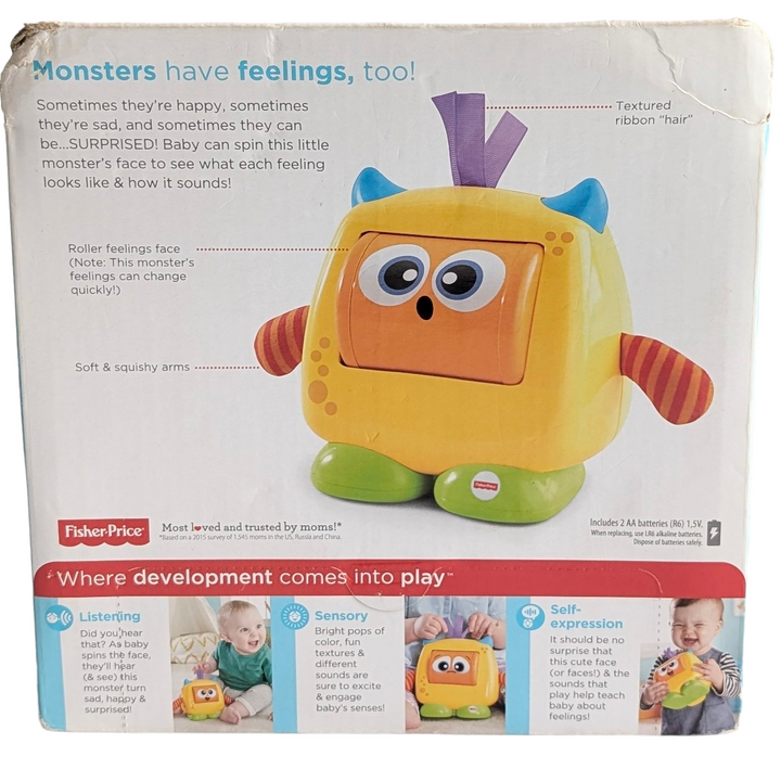 Fisher Price, Fun Feelings Monster, Social & Emotional Development, Monsters have feelings too! sometimes they're happy sometimes they're sad and sometimes they can be surprised!(The monster shows the baby that feelings can change quickly too!) plus your little one will love how this monster feels – his textured ribbon "hair" and soft squishy arms are fun to touch!where development comes into play: sensory – this little monster is sure to excite and engage the baby's senses with his bright pops of color fun