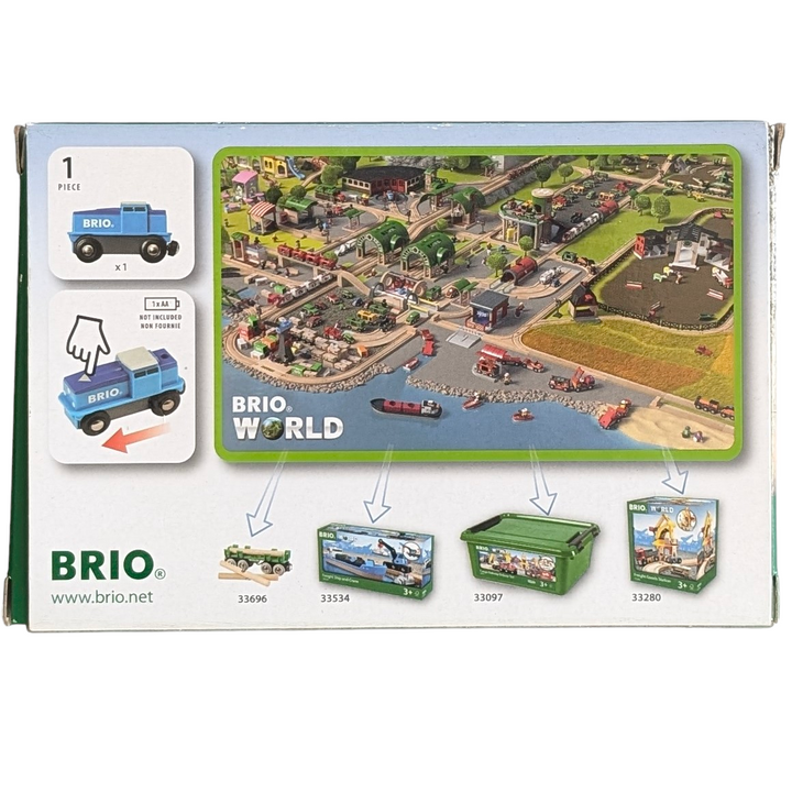 BRIO, Cargo Battery Engine, Cognitive & Motor Skills Development, Just tap the arrow on the front to start the engine off, then bring it to a stop by tapping it again. With a cool blue and white design, this cargo train is ready to pull the heaviest of loads.