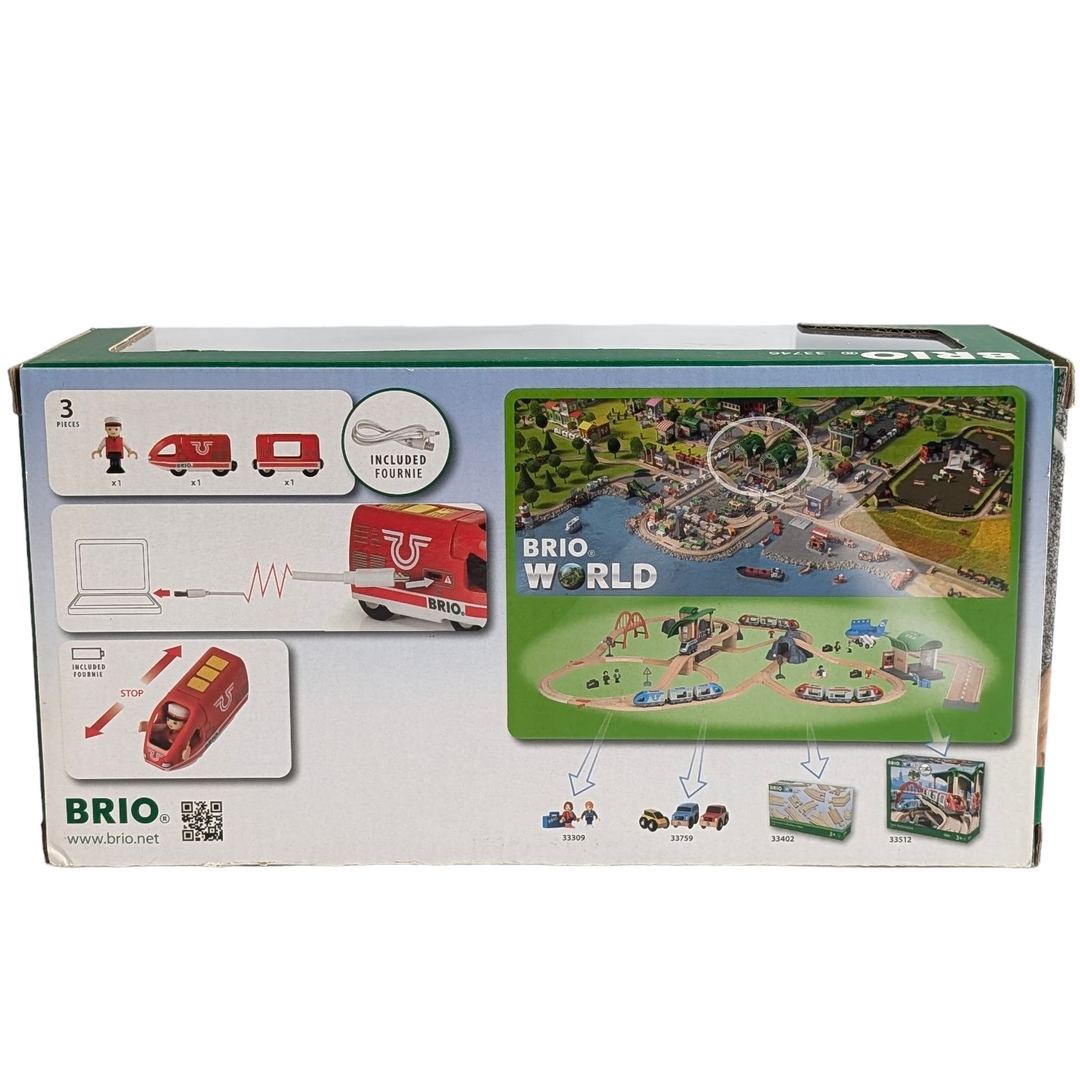 BRIO, Travel Rechargeable Train, Cognitive & Motor Skills Development, Long train running With this rechargeable train there's almost no end to the fun. With this rechargeable train the fun never needs to end. This modern-design train comes with a USB to mini-USB charging cable perfect for renewable play on the go. Also included in the set is a conductor play figure who makes sure the train arrives and departs on time. The conductor has moveable arms and legs and can be positioned to stand or sit. 