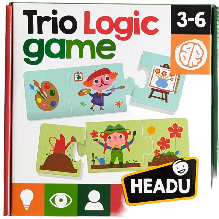 Headu, Trio Logic Game, Cognitive & Motor Skills Development, What instruments does a painter use in order to realise his paintings? What does the pastry cook produce? Associate with each profession or occupation the correct instrument and what each one can obtain with his own special talent.