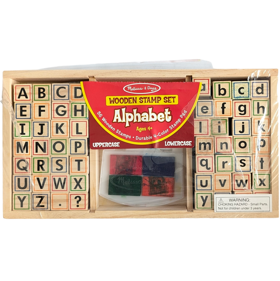 Melissa & Doug, Wooden Alphabet Stamp Set, Sensory & Language Development , With this exquisitely arranged wooden alphabet stamp set, you may write captivating messages. It comes with a 4-color stamp pad, 56 letters (upper and lower case), and punctuation marks. Organise it neatly in the handy wooden storage tray.