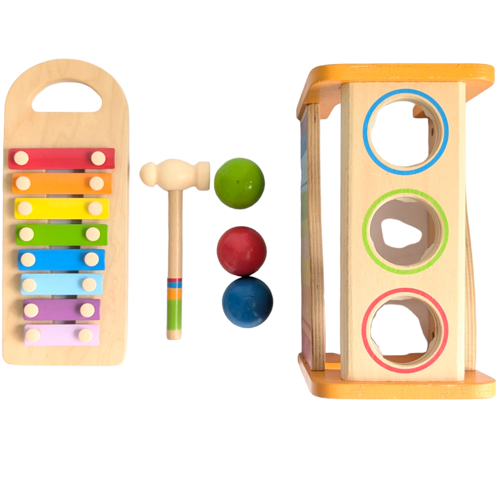 Hape, Pound & Tap Bench with Xylephone, Cognitive & Motor Skills Development, Hape's Pound and Tap Bench with Slide Out Xylophone is a multifunctional musical delight and sound experience for toddlers.

Toddlers ages 12 months to 3 years can explore different notes and sounds by letting the balls fall on the keys or slide out the xylophone to create their own unique sound with a wooden mallet.

 