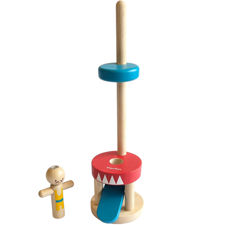 PlanToys, Jumping Acrobat, Cognitive & Motor Skills Development, Let’s have some fun with the Jumping Acrobat! Push the Blue bar down to make the acrobat jump up to the top. This helps enhance observational and experimental skills.