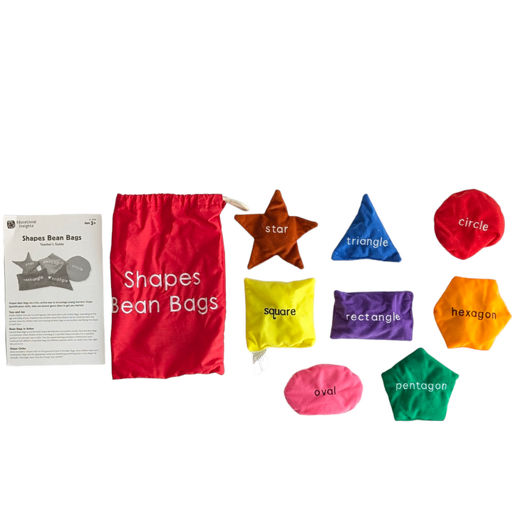 Educational Insights, Shapes Bean Bags, Sensory & Language Development , >With these vibrant beanbags, you can kinaesthetically reinforce shapes during games of throwing. Contains eight beanbags for active play that are embroidered with a shape phrase and come in various colours and shapes. provides ideas for interactive shape games in the Activity Guide. stores every component in a drawstring pouch. Little ones may easily manage the 4-5 inch diameter, lightweight washable felt bean bags.