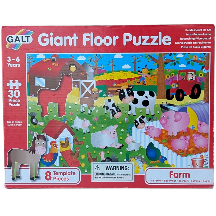 Galt, Giant Floor Puzzle - Farm, 39 Pieces, Cognitive & Motor Skills Development, Beautifully illustrated floor puzzle with 30 pieces including 8 templates, cut in the shape of the characters or objects. There are so many interesting things to find in this puzzle that children will return to it time and time again. The large, easy to handle pieces are made in thick board with a wipe-clean surface. Awarded 'Approved' status by the Good Toy Guide.