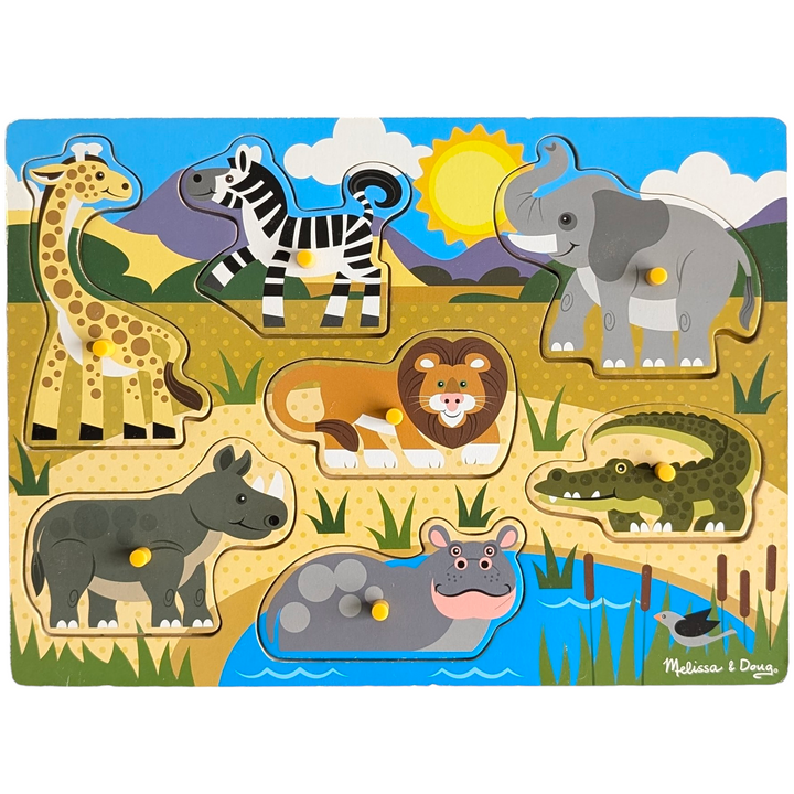 Melissa & Doug, Safari Wooden Peg Puzzle, Cognitive & Motor Skills Development, When your child arranges the seven wild animals over the matching photos on the puzzle board, they will have a jigsaw adventure. This robust seven-piece puzzle has wooden construction and easy-to-grasp pegs. Excellent for improving hand-eye coordination, memory, and fine motor abilities. It's also a fun method to get more familiar with animals and the natural world.