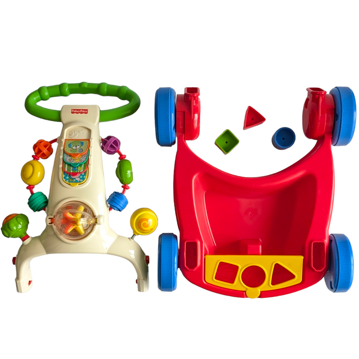 Fisher Price, Walker-To-Wagon, Cognitive & Motor Skills Toys, The Luminous Foundations Modern walkers like the Walker Waggon provides two grow-with-me play options. Your baby will enjoy spinning the big, transparent ball filled with ten vibrant beads. Along the front of the walker, flip the four flip pages. Walkers can be transformed into waggons.