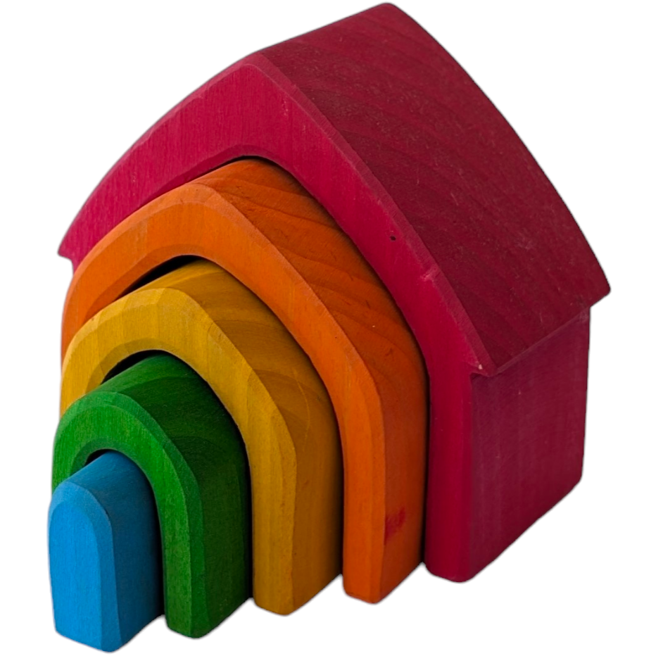 Grimms, Rainbow House, Creative & Imaginative Play, This gorgeous wooden house set will become a firm favourite in your playroom. It comprises 5 little houses, each a different shade of the rainbow, carved from a single piece of lime wood and naturally stained using non-toxic, water-based colour.  This natural finish allows the grain of the wood to shine through and ensures that these house blocks are safe for young children.

Split them up and make fairy doors, tunnels for cars and pens for farm animals;