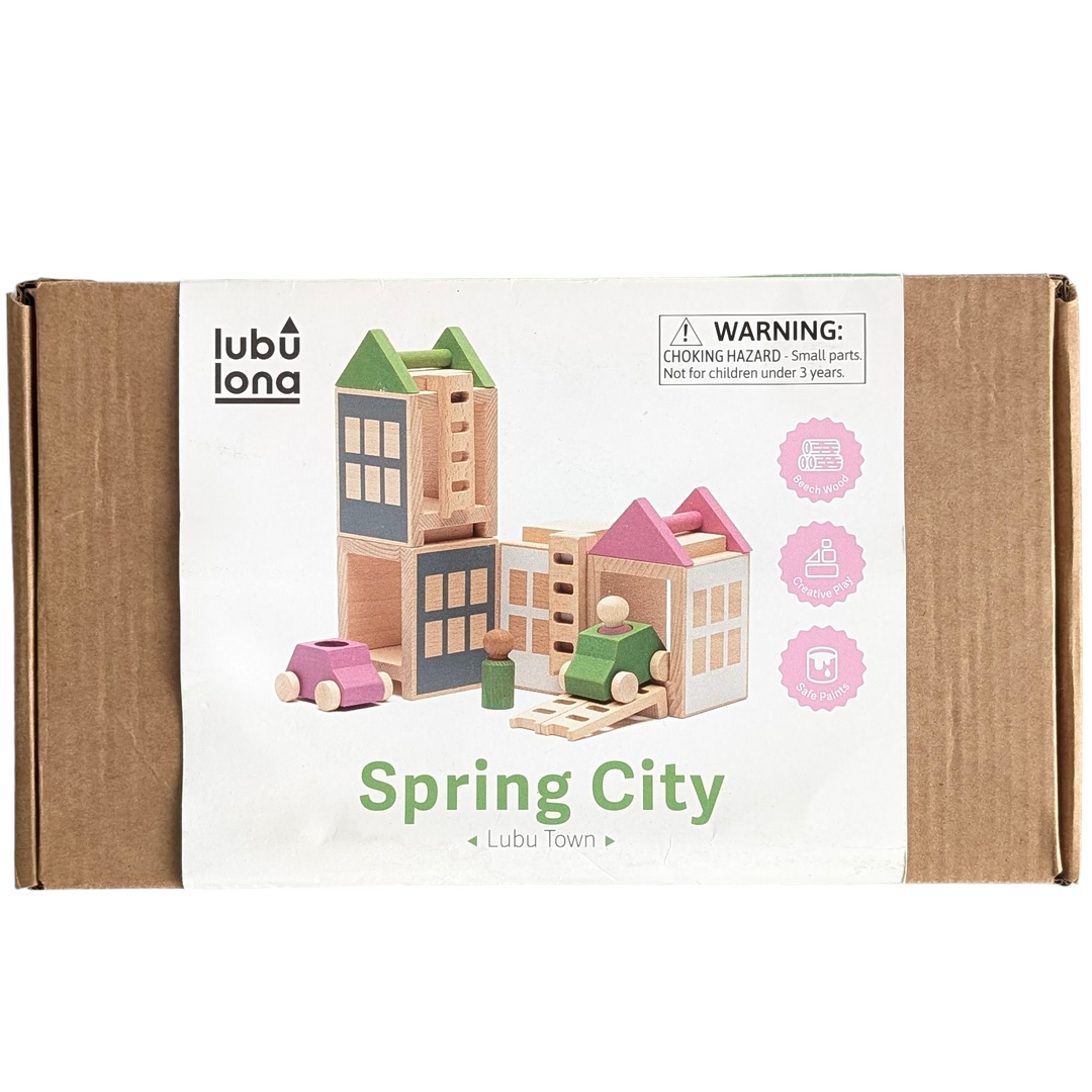 Lubulona, Spring City, Cognitive & Motor Skills Development , a set that lets kids act like architects and construct homes and villages The universe of creation moves as soon as you hold a group of cars and people. Pastel pink and green tones that evoke spring