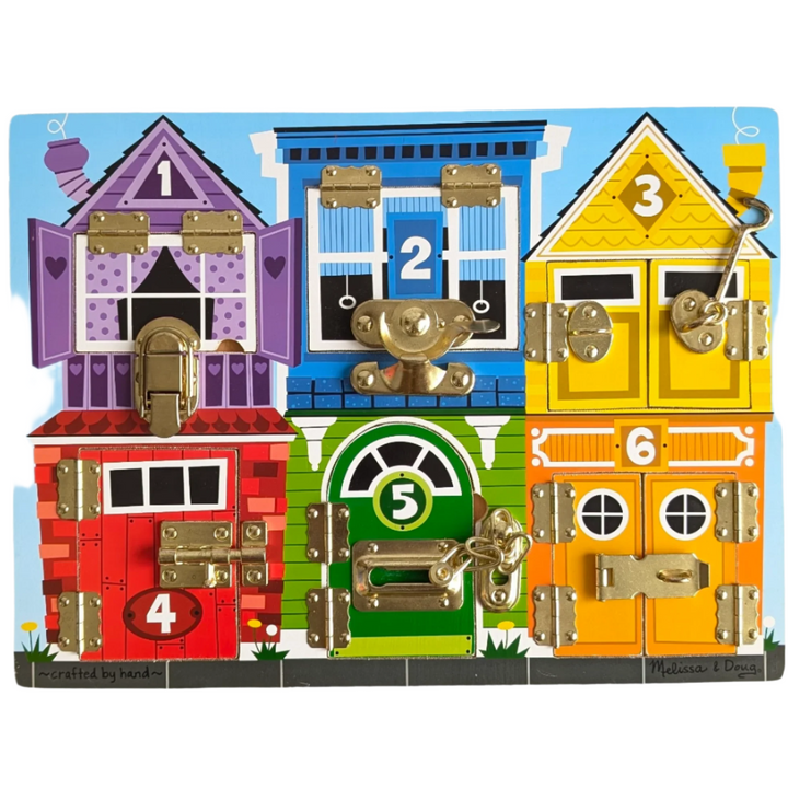 Melissa & Doug, Latches Board, Cognitive & Motor Skills Development, Which animal friends are hiding behind the colorful doors? Undo a lock or latch, swing open the numbered door or window, and count on finding fun when the animal picture beneath is revea