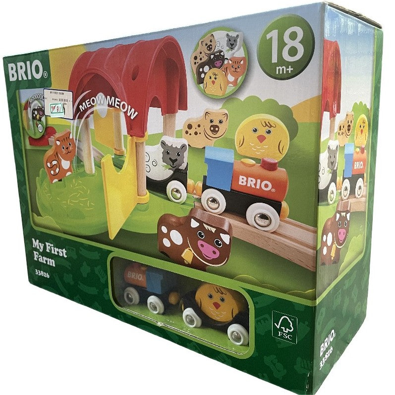 BRIO, My First Farm, Social & Emotional Development, 33826 My First Farm is a farm set for toddlers which playfully introduces them into the BRIO wooden railway system. The five wooden animals fit into the animal wagon ready to be transported by train to the farm. Each animal also comes with three distinct sounds which are activated automatically when placed in the farm meadow. Learning about animals has never been so much fun.