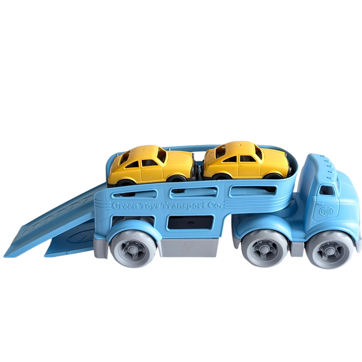 Green Toys, Car Carrier, Creative & Imaginative Play, Now is the moment to pack the Green Toys Vehicle! This set comes with vibrantly coloured Mini Cars and a cab with an attachable trailer. crafted in the USA using only recycled plastic; contains no PVC, BPA, or phthalates.