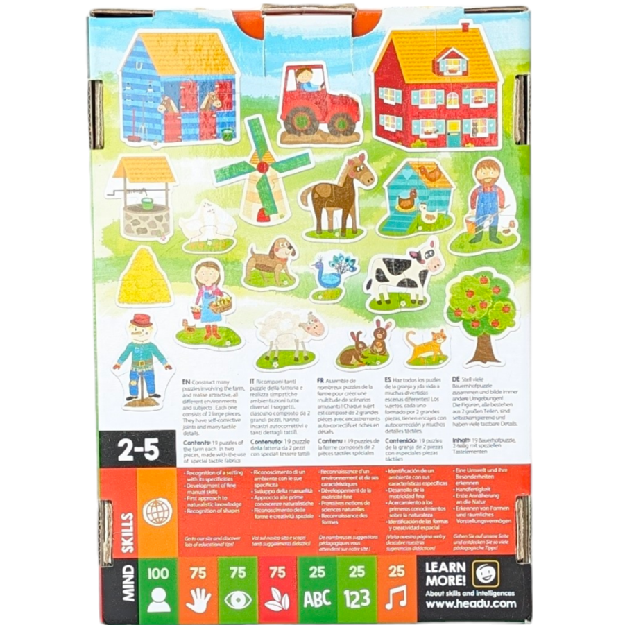 Headu, Montessori Touch - Farm, 2 Piece Puzzles, Cognitive & Motor Skills Development, 19 x two-piece puzzles made with special textured surfaces to stimulate your child’s sense of touch & keep them fascinated. Each puzzle is self-correcting. Your child will learn matching & spatial planning skills as they manipulate the pieces in the right direction to find a perfect match. Once built, parents and children can tell stories using all the characters to extend the play.