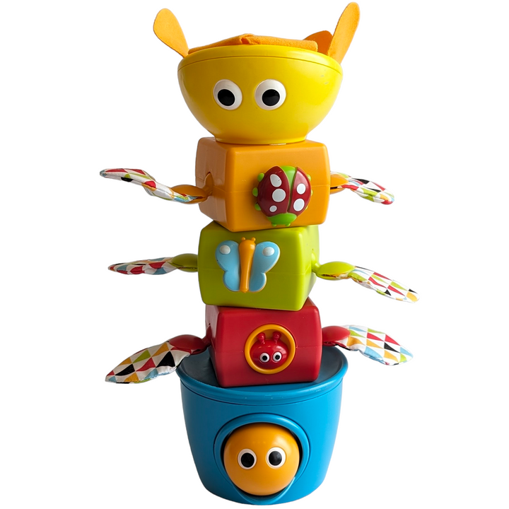 Yookidoo, Tumble Ball Stacker, Cognitive & Motor Skills Development, Five large colorful stackers, each with a gear activity, a flower funnel head with soft petals and crinkly wings, and 3 rattling balls to drop down the center.