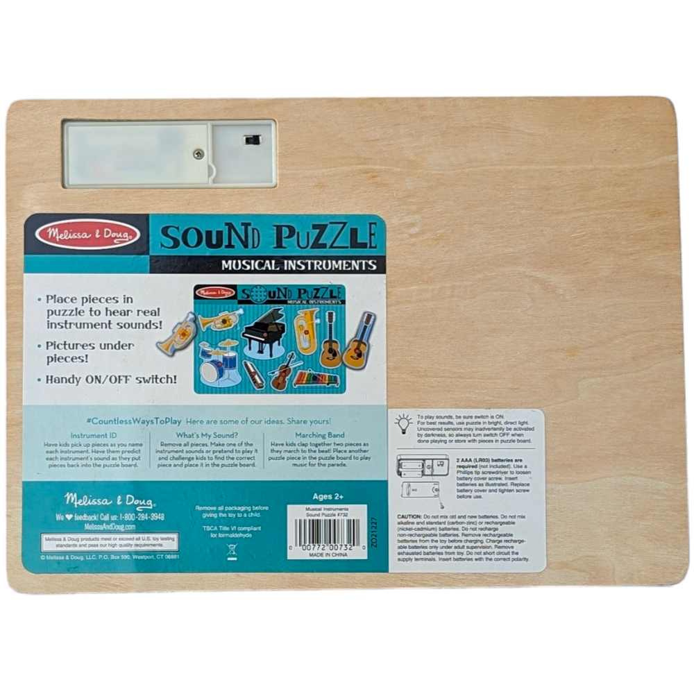 Melissa & Doug, Sound Puzzles - Musical Instruments, Sensory & Language Development, Eight instruments are ready for their "conductor." Place an instrument piece correctly in the puzzle board and listen to it play. Then remove each piece to discover the identity of each of the instruments! (TIP: Puzzle has light-activated sensors; for best results, expose the sensor by removing a piece in a brightly lit room, then make the sound play by replacing the piece in the board.)