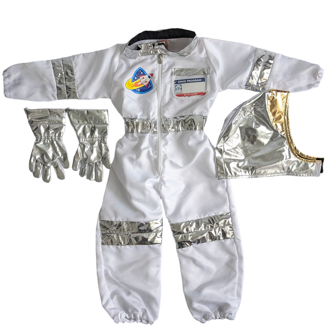 Melissa & Doug, Astronaut Roleplay Costume, Social & Emotional Development, Houston, we have a costume. Kids will be over the moon when they get to step into the jumpsuit, slip on the stretchy silver gloves, and top it all off with the shiny helmet! There's even a reusable nametag that proudly IDs your little space explorer, then wipes clean so another astronaut can have a turn. This durable role play set is suitable for ages 3 - 6 and ready for any mission, whether it's piloting an imaginary rocket, explor