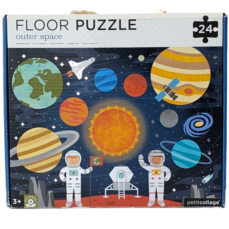 Petitcollage, Outer Space - 24 Piece Puzzle, Cognitive & Motor Skills Development, For budding little astronauts, this sturdy 24 piece floor puzzle from Petit Collage features vibrant, detailed artwork with plenty of things to spot in outer space. The extra thick and chunky puzzle pieces are just right for toddlers.

Includes 24 large and sturdy pieces, perfect for little hands
Packaged in a keepsake carrying box with a soft cotton rope handle
Helps promote hand-eye coordination and problem solving