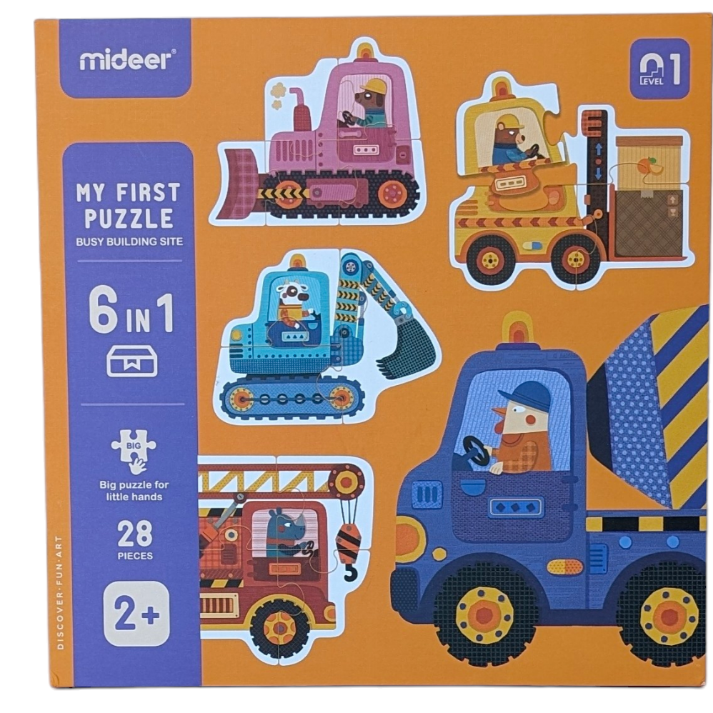 Mideer, My first Puzzle - Busy Building Site, Cognitive & Motor Skills Development, Introduce your little builder to the exciting world of construction with the "Mideer My First Puzzle - Busy Building Site." Perfect for toddlers aged 2 and up, this 6-in-1 puzzle set features vibrant, engaging artwork of construction vehicles, each puzzle designed to captivate and educate young minds through play.