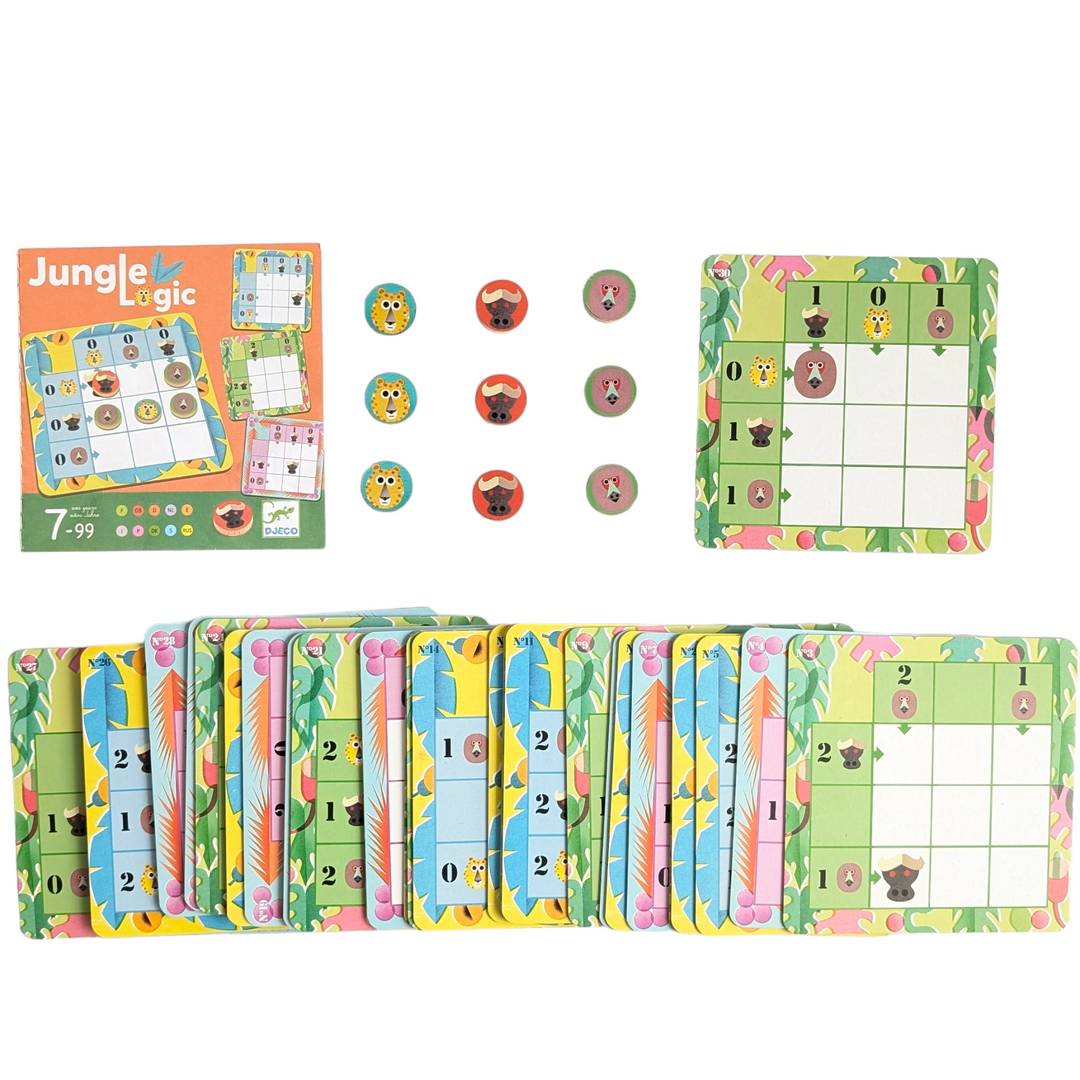 Djeco, Jungle Logic, STEM & Critical Thinking, Using the principle of Sudoku, the grids impose constraints for placing the 9 wooden tokens. Logical thinking should see you through the 30 challenges. Come up with the solution.