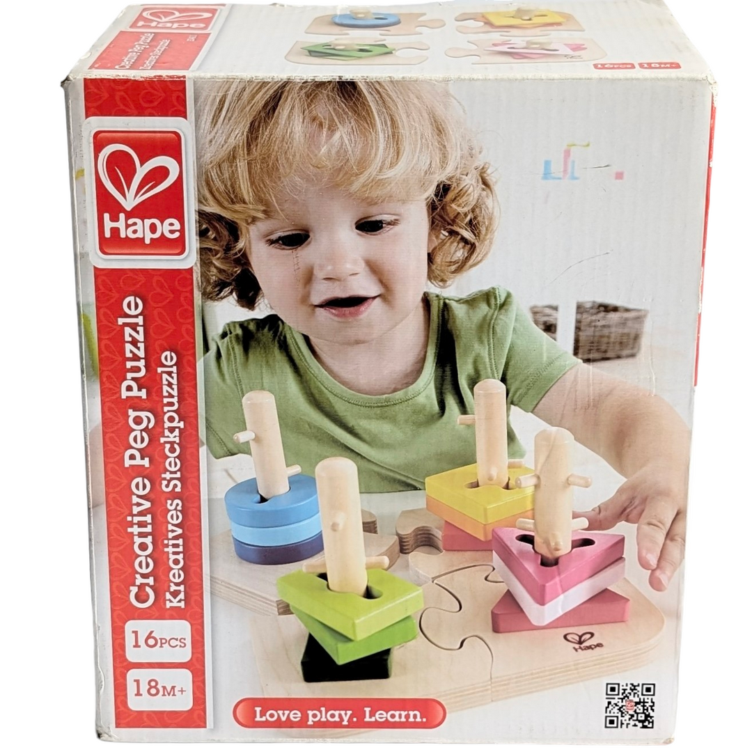 Hape, Creative Peg Puzzles, Cognitive & Motor Skills Development, Practice basic shape and color recognition with this best-selling, innovatively designed toy from Hape! The Creative Peg Puzzle has grooved shapes and pegged posts, adding an extra dimension of challenge to this colorful puzzle, and providing children hours of entertainment. Join the four puzzle bases together and then twist the variously shaped and colored puzzle pieces onto the posts. 