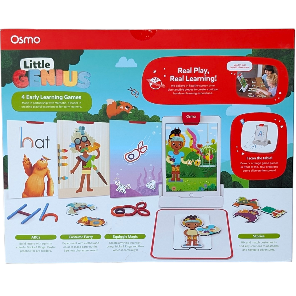 Osmo, Little Genius Starter Kit, Sensory & Language Development, Transform your tablet into an early learning tool! Designed for early-learners, ages 3-5, the games in Osmo Little Genius Starter Kit take preschoolers on a hands-on adventure through the fundamentals of learning. Osmo technology “sees" how kids move real-world tangible pieces in front of the screen and responds with on-screen encouragement, guidance, and giggles. In the end, they'll spark their imaginations and learn critical skills