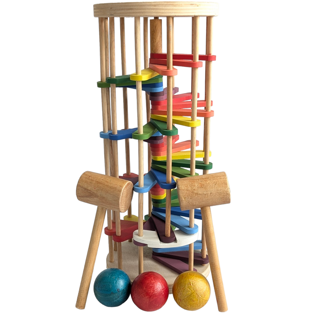 QToys, Montessori Pound A Ball Tower, Cognitive & Motor Skills Development, This pound a ball consists of a set of colorful balls that can be pounded from the top of the tower, and then they roll down through a series of curved tracks. It’s designed to help young children develop hand-eye coordination and fine motor skills, as well as provide a fun sensory experience. It also teaches children about cause and effect.