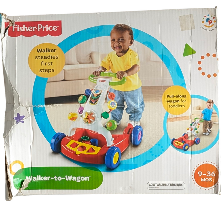 Fisher Price, Walker-To-Wagon, Cognitive & Motor Skills Toys, The Luminous Foundations Modern walkers like the Walker Waggon provides two grow-with-me play options. Your baby will enjoy spinning the big, transparent ball filled with ten vibrant beads. Along the front of the walker, flip the four flip pages. Walkers can be transformed into waggons.