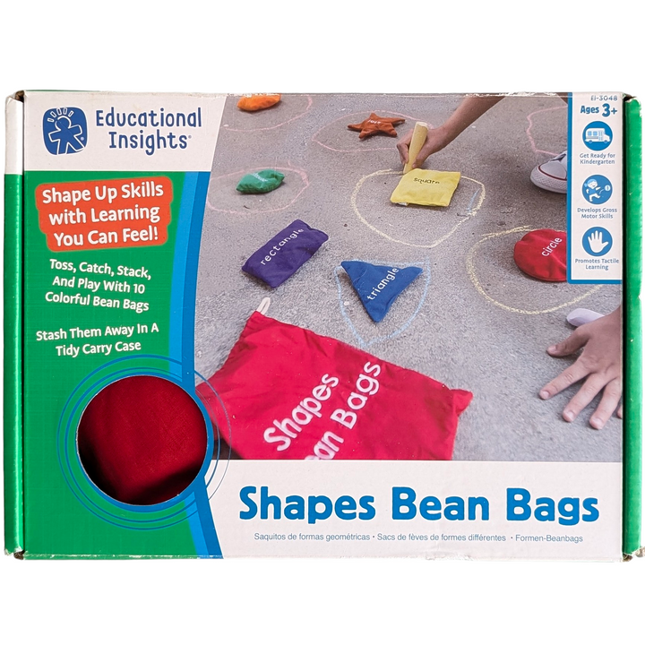 Educational Insights, Shapes Bean Bags, Sensory & Language Development , >With these vibrant beanbags, you can kinaesthetically reinforce shapes during games of throwing. Contains eight beanbags for active play that are embroidered with a shape phrase and come in various colours and shapes. provides ideas for interactive shape games in the Activity Guide. stores every component in a drawstring pouch. Little ones may easily manage the 4-5 inch diameter, lightweight washable felt bean bags.