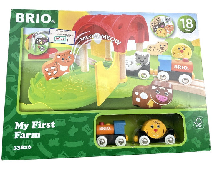 BRIO, My First Farm, Social & Emotional Development, 33826 My First Farm is a farm set for toddlers which playfully introduces them into the BRIO wooden railway system. The five wooden animals fit into the animal wagon ready to be transported by train to the farm. Each animal also comes with three distinct sounds which are activated automatically when placed in the farm meadow. Learning about animals has never been so much fun.