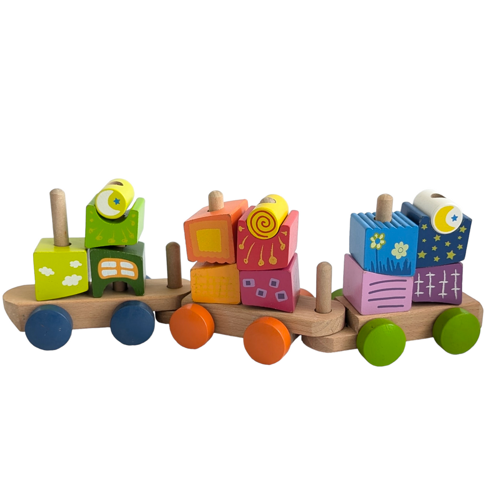 Hape, Fantasia Train Set, Cognitive & Motor Skills Development, Uniquely shaped blocks with enchanting patterns inspire building in a whole new way. Interchangeable train cars add more possibilities.

* This 17-piece block train features bright rainbow colors and patterns, adding fun to block-building and train play.
* The 3 little trains are interchangeable with holes and pegs. Kids can pull the long trains with wheels easily.
* There's no right or wrong way to play with these shapes. Encourage your child 