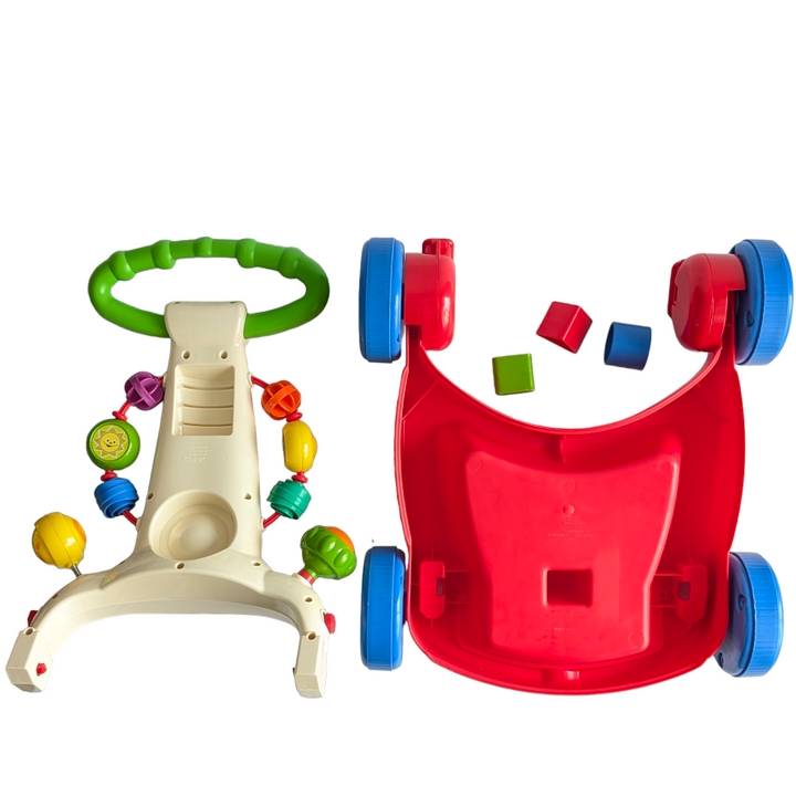 Fisher Price, Walker-To-Wagon, Cognitive & Motor Skills Toys, The Luminous Foundations Modern walkers like the Walker Waggon provides two grow-with-me play options. Your baby will enjoy spinning the big, transparent ball filled with ten vibrant beads. Along the front of the walker, flip the four flip pages. Walkers can be transformed into waggons.