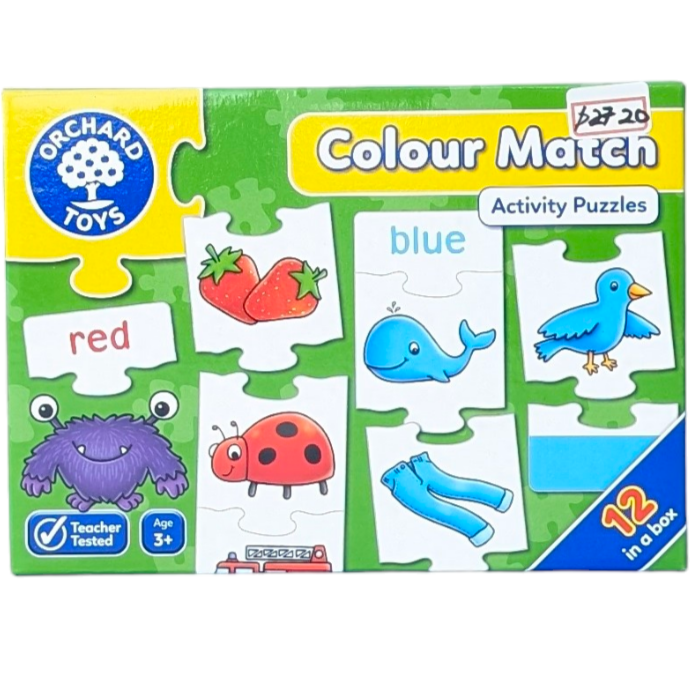 Orchard Toys, Colour Match - Activity Puzzle, Cognitive & Motor Skills Development, An activity based jigsaw, which encourages children to identify colours by relating them to familiar objects.

Colours and pictures can be pieced together to make colour themed, 5-piece jigsaws where only the correct cards will fit together! Children will love looking at the friendly and colourful characters, ranging from purple monsters to grey elephants.