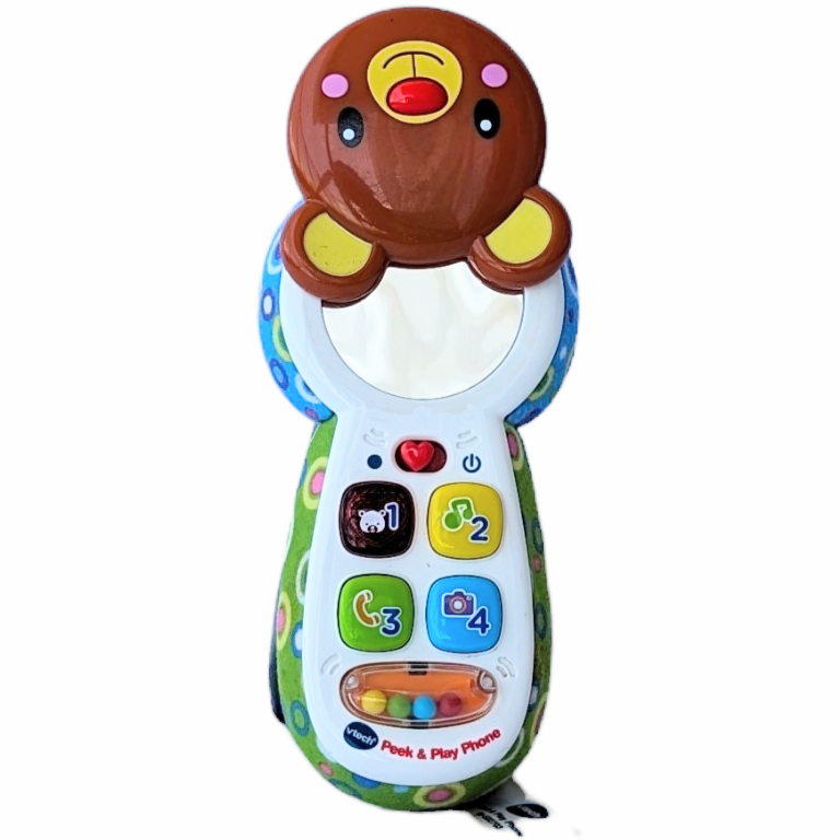 VTech, Baby Peek-A-Bear Baby Phone, Sensory & Language Development, With the Peek-a-Bear Baby Phone™ by VTech®, your little one will have a phone to call their very own. Have fun pretending to make calls by pressing the buttons and hearing playful songs, phrases and music. The colorful buttons introduce colors and numbers, and the heart button lights up. Turn the pink bear's head for a fun surprise—a hidden baby-safe mirror for peek-a-boo fun! The phone attaches to infant seats, strollers and car seats for 