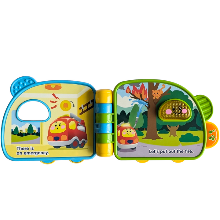 VTech, Toot-Toot Drivers, Fire Engine Saves The Day, Sensory & Language Development, Turn the chunky pages to read this Toot-Toot Drivers Fire Engine Book from VTech!