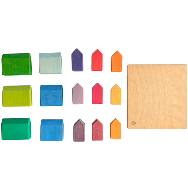 Grimms, Small Houses, Creative & Imaginative Play, Blocks in the shape of a house, with windows and doors painted by hand Flexible plaything Made by hand in Germany Included with a wooden tray for displaying and storing Solid wood construction with water-based, non-toxic staining