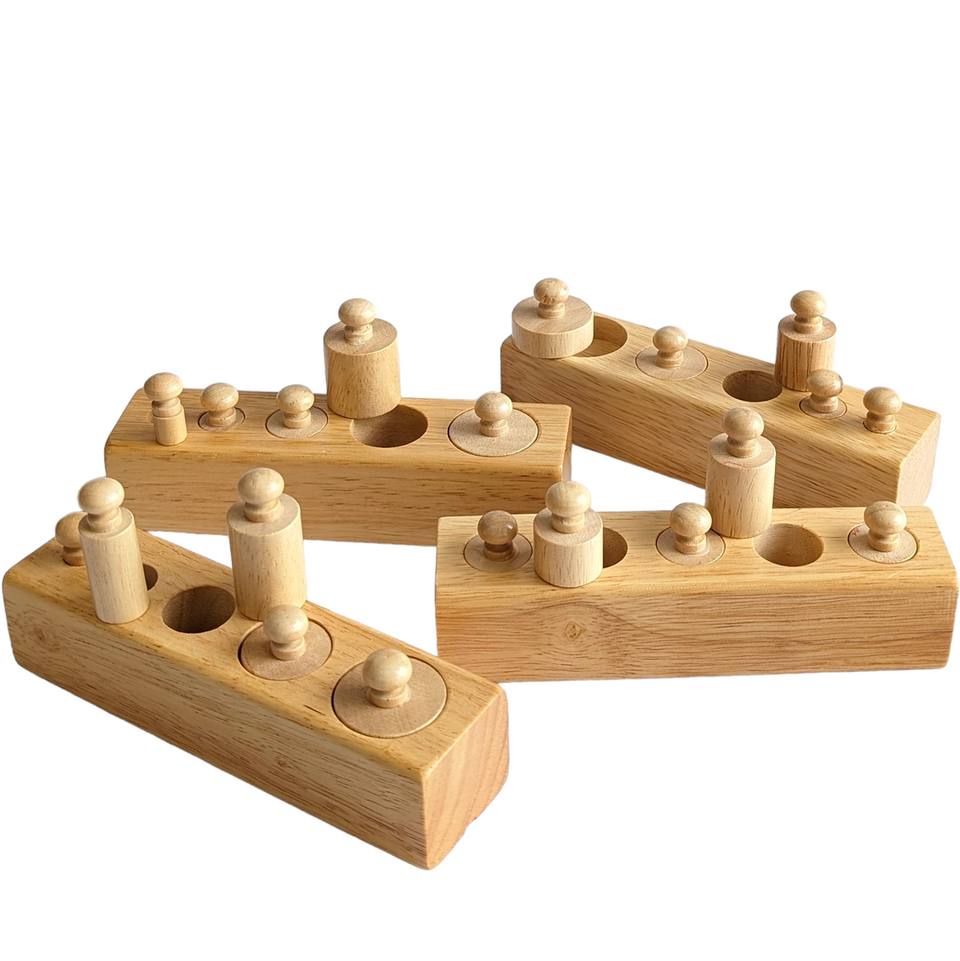 Right to learn, Mini Montessori Knobbed Cylinder Blocks, Cognitive & Motor Skills Development, A Great Addition to any home school or can be used while traveling.

 There are 4 cylinders and each cylinder has 5 knobs varying in height and dimensions.

 This is a MINI version of the actual knobbed cylinders.

Size of each block : 15.5 x 4 x 3.5 cm

