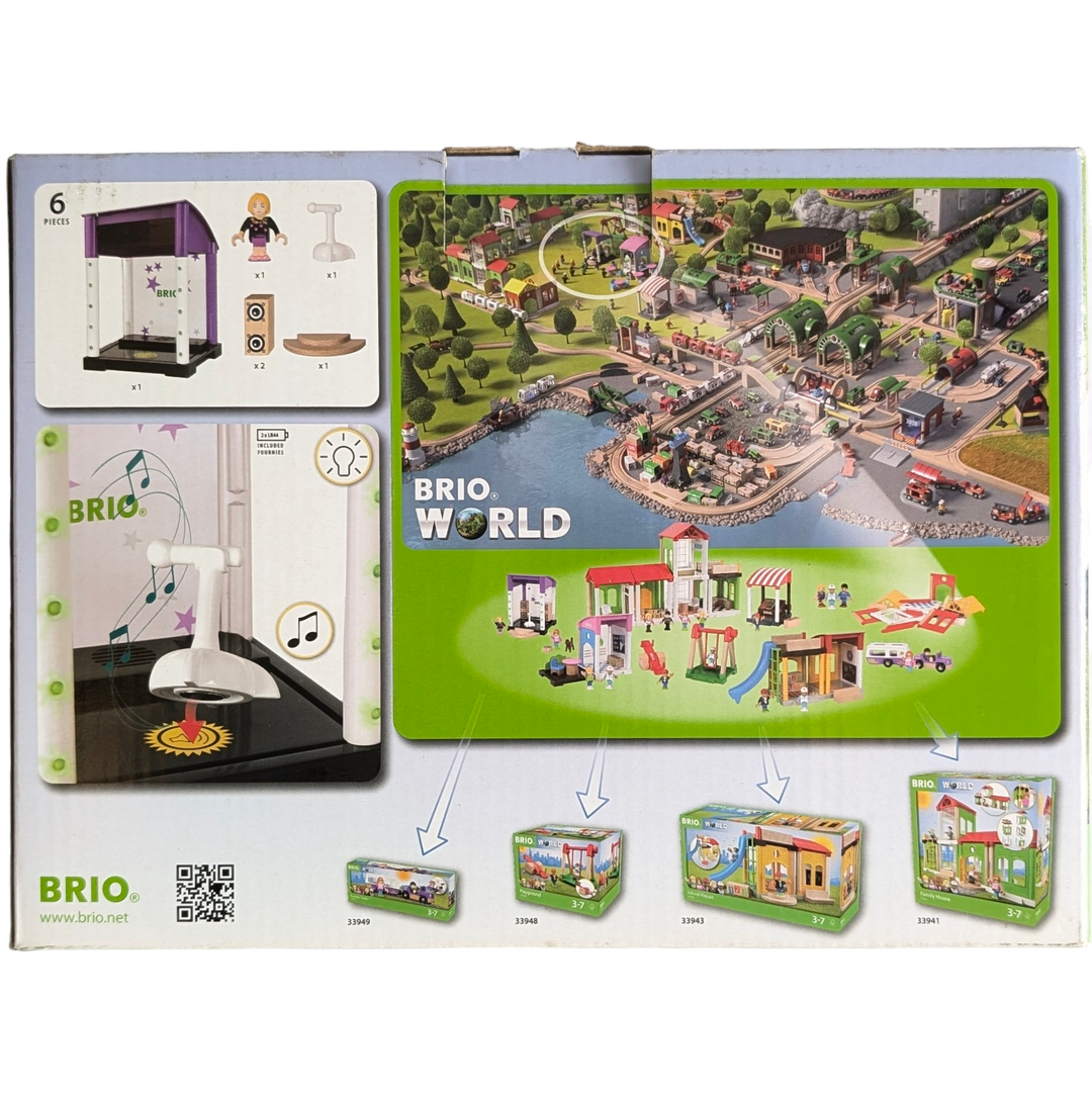 BRIO, Singing Stage, Social & Emotional Development, Pre-Assembled Singing Stage with sound and light effects. Includes microphone character and wooden speakers. Village is a NEW theme within the BRIO World concept – filled with play values and experience