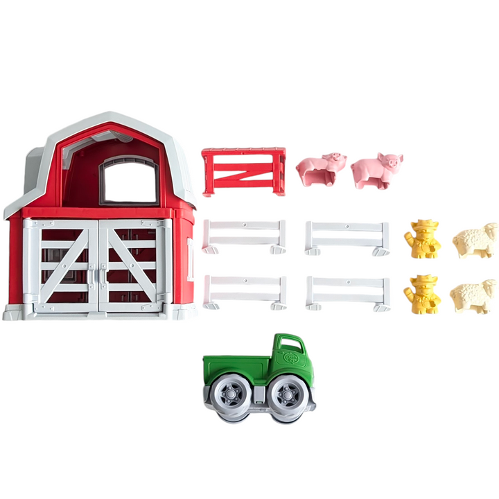 Green Toys, Farm Playset, Creative & Imaginative Play, Little ones engage in cooperative, interactive play while developing fine motor skills and coordination as they assist the farmer cows in opening and closing the barn doors, herding the pigs, and loading the sheep onto the pick-up truck. The integrated handle makes it simple to transport all the excitement on the road, and everything fits within the barn for easy cleanup and storage.