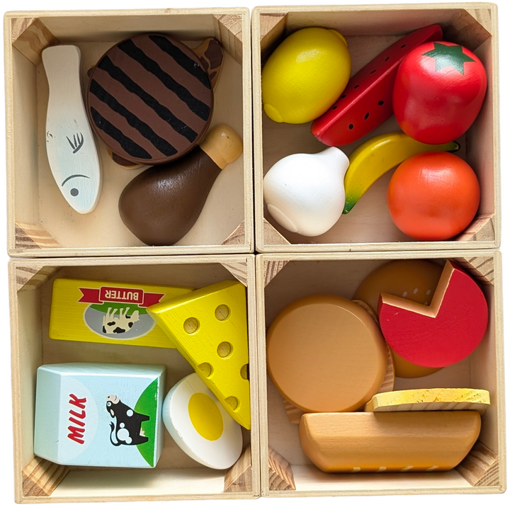 Melissa & Doug, Food Groups, Social & Emotional Development, Using this wooden kit to plan a balanced dinner is like playing dress-up for kids. Watermelon, milk, cheese, fish, eggs, and many other items from the five food groups are made of solid wood and include four wooden baskets for storing and sorting.