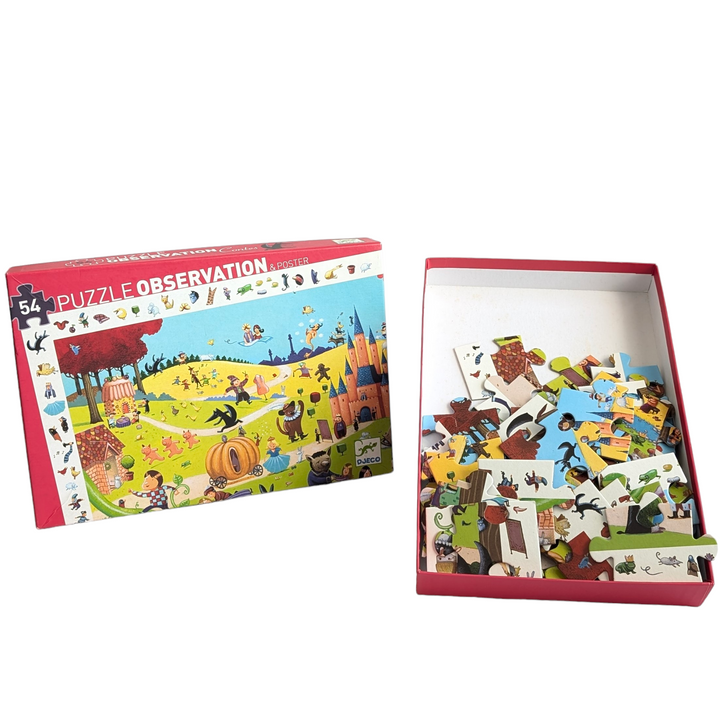 Djeco, Puzzle Observation & Poster - 54 Pieces, Cognitive & Motor Skills Development, There are lots of things to find in this observation puzzle. Start by putting all the pieces together, then have fun finding items from the border in the picture. Also includes full size poster. 54 piece puzzle