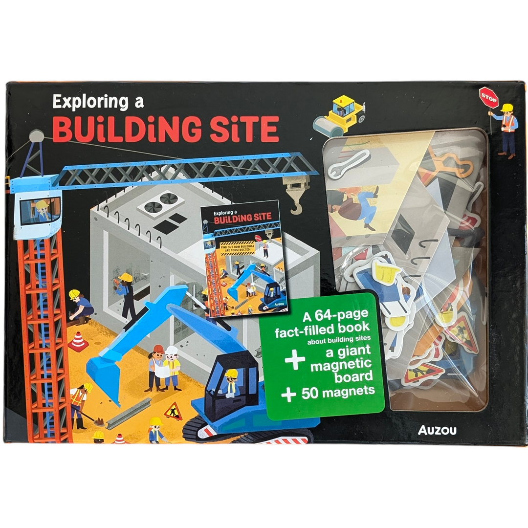 Auzou, Exploring a Building Site, Cognitive & Motor Skills Development, Using the 50 magnets on your magnetic board, construct a construction site. Build a structure to learn about each stage of the building process. Enjoy arranging the five construction engines while rebuilding the crane. After that, study the information-rich book to get all the knowledge you require on building sites.