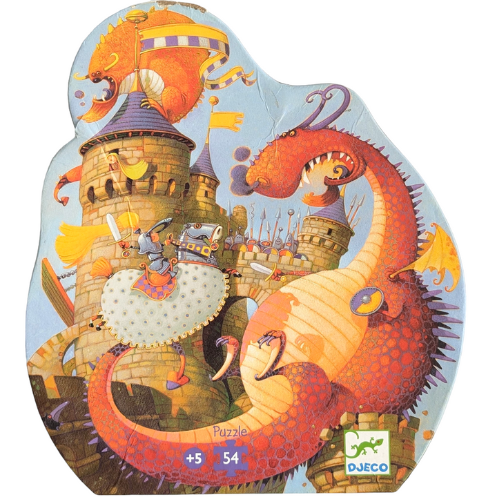 Djeco, Vaillant & The Dragon - 54 Pieces, Cognitive & Motor Skills Development, The particularly beautifully designed Shape Puzzles from Djeco are particularly impressive in their packaging, which reflects the shape of the respective puzzle motto. The size of the puzzle pieces and the themes are age-appropriate and promote fine motor skills as well as the child's stamina and memory. Size when laid out with 54 pieces: approx. 40 x 37 cm.