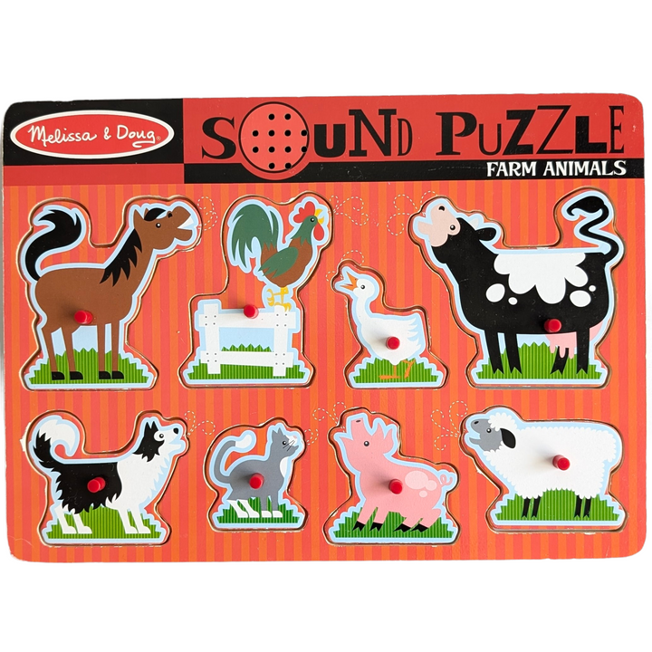 Melissa & Doug, Farm Animals Sound Puzzle, Cognitive & Motor Skills Development , In this eight-piece wooden peg puzzle, each contented farm animal "sounds off" in its own unique voice when its puzzle piece is positioned correctly! With this engaging multisensory puzzle, your child will enjoy listening to all eight noises and viewing the full-color matching pictures underneath the pieces as they practise matching and listening abilities.